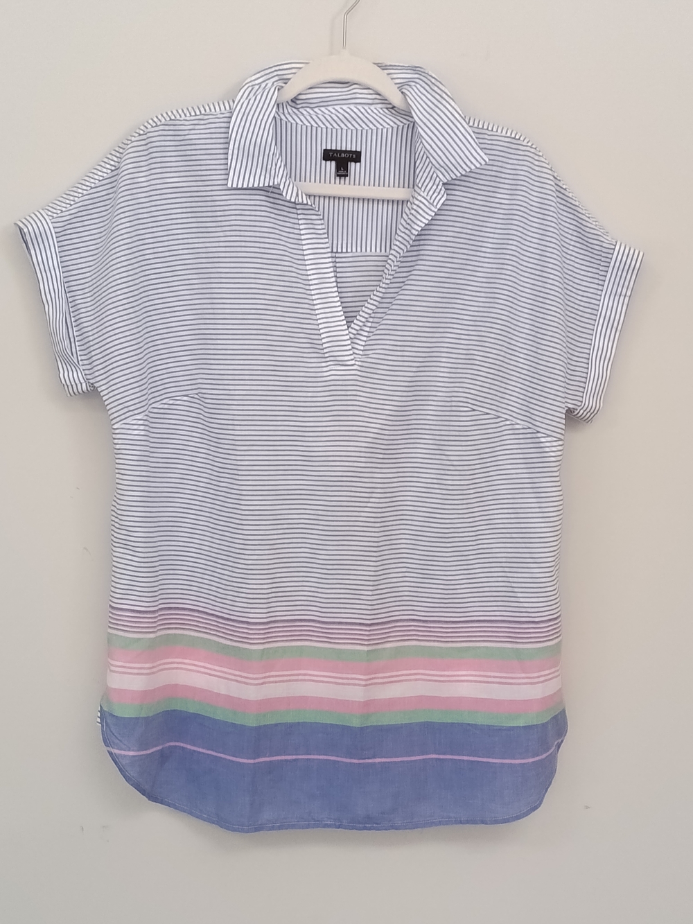 Talbots Multicolor Striped Short-Sleeve Cotton Collared Pullover Tunic L Preppy